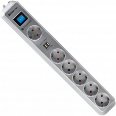 Сетевой фильтр DEFENDER DFS501. 6 розеток (5+1 для большого адаптера), 2 USB-порта